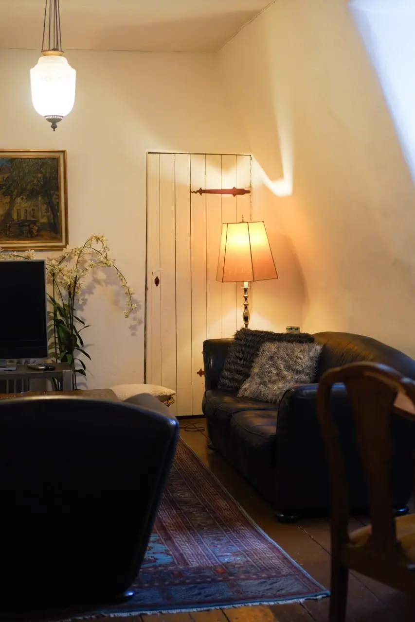 Leseecke mit Ledersofa und Stehlampe