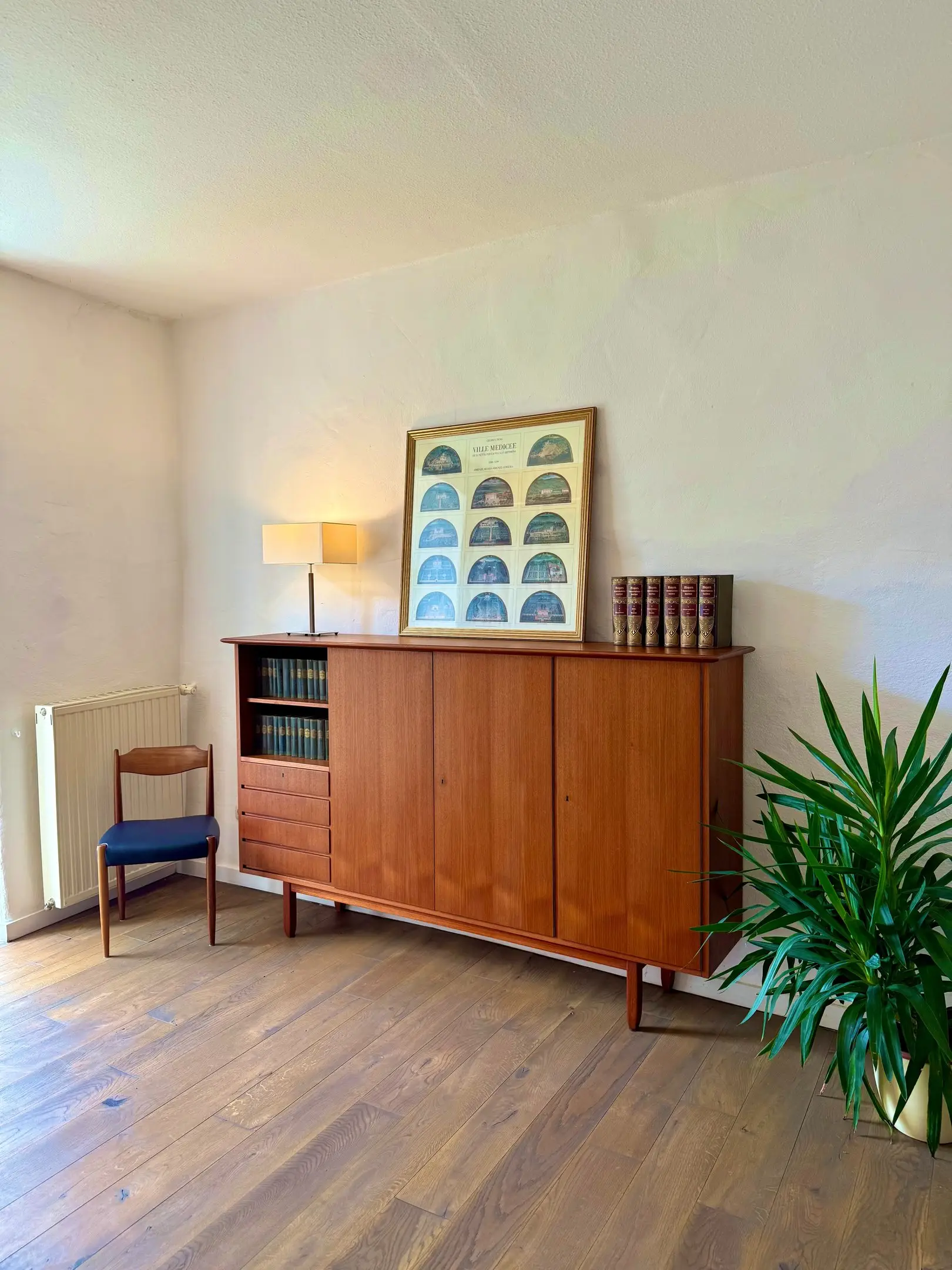 Holzsideboard mit Stuhl und Zimmerpflanze